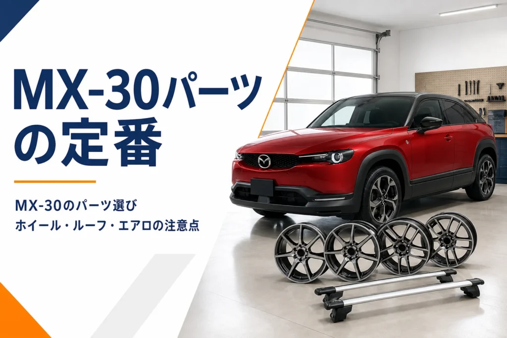 コンパクトSUVの横にアルミホイールとルーフキャリアが置かれたMX-30のパーツ記事のアイキャッチ