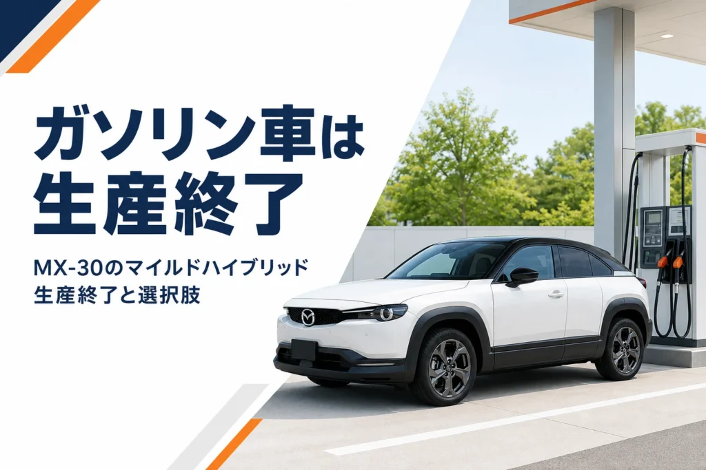 給油機の横に停まる白いコンパクトSUVのMX-30マイルドハイブリッド生産終了記事のアイキャッチ