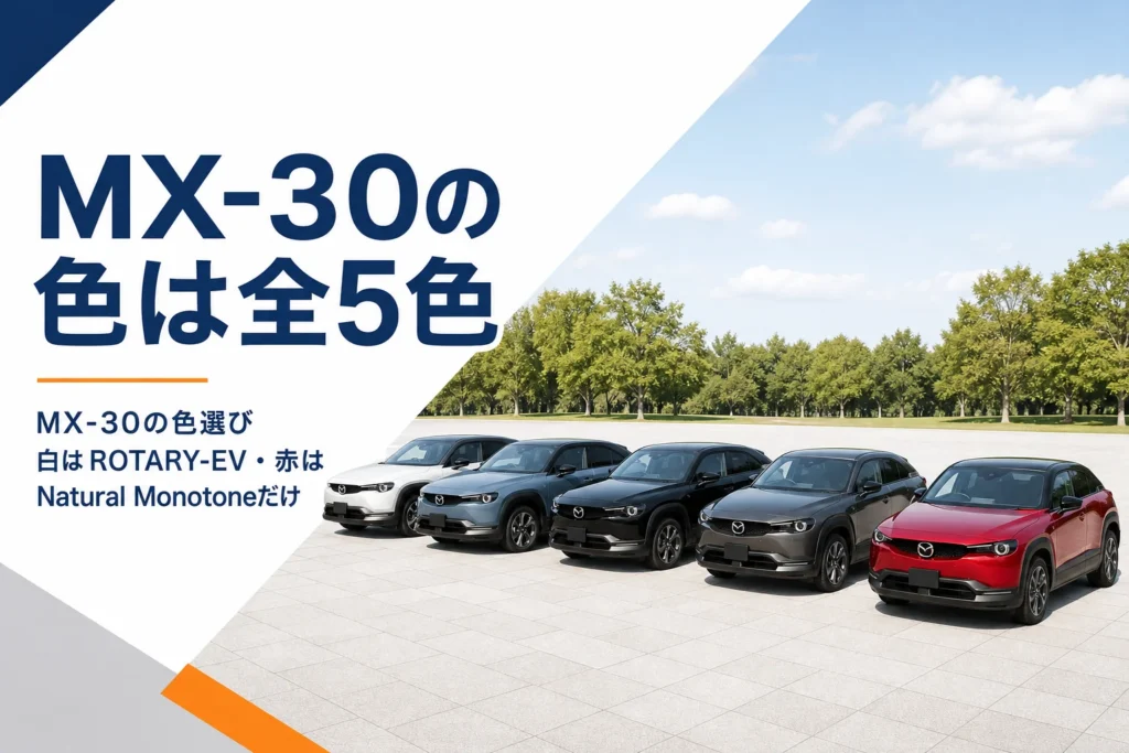白・グレー・黒・濃いグレー・赤の5台のコンパクトSUVが並んだMX-30の色記事のアイキャッチ