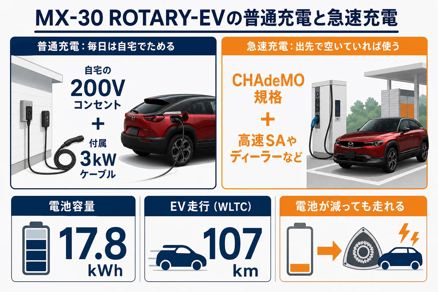 MX-30 ROTARY-EVの普通充電と急速充電の違いを比べた図解