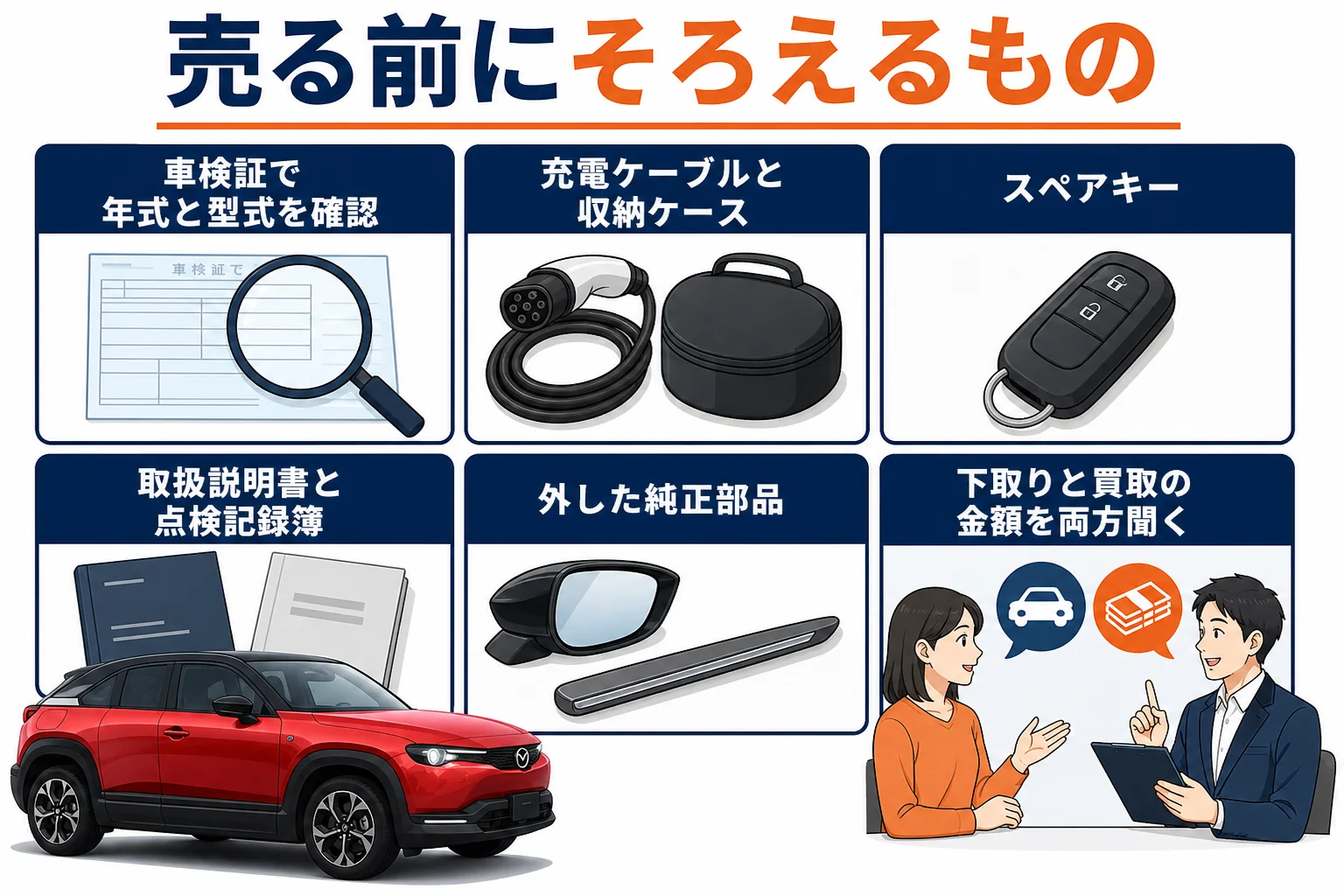 MX-30を売る前にそろえる書類と付属品をまとめた図解