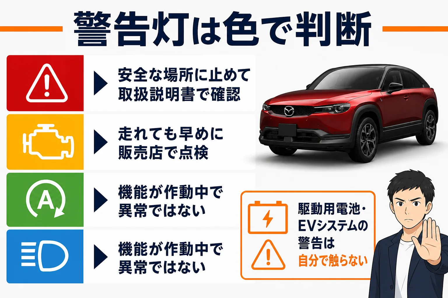 MX-30の警告灯を色で見分けて対処を決める図解