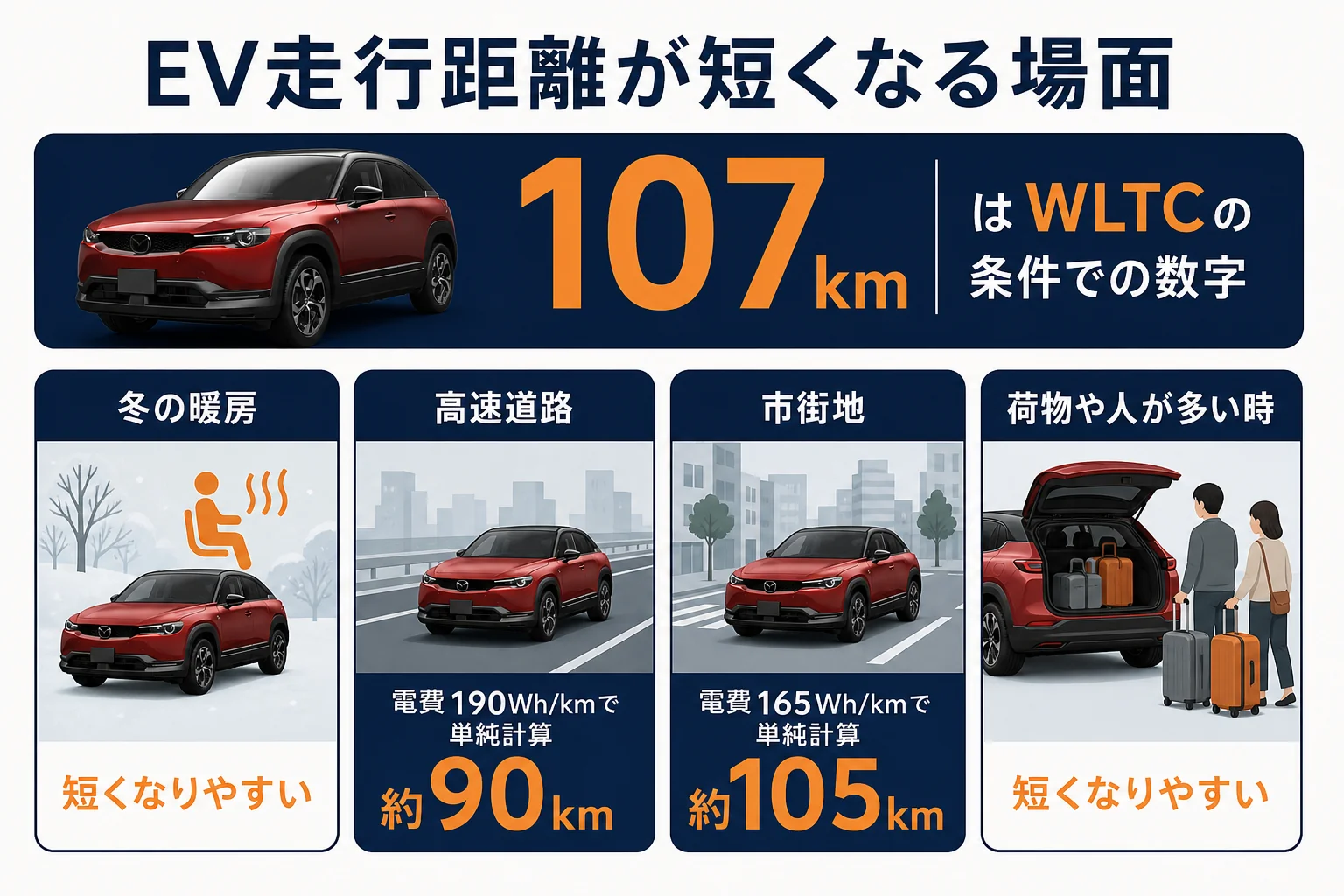 場面ごとにMX-30のEV走行距離が変わる理由を並べた図解