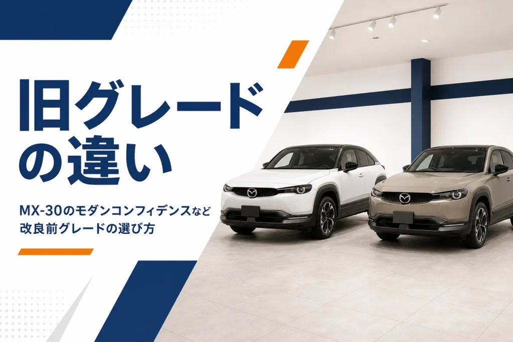 展示場に並ぶ2台のコンパクトSUVのMX-30改良前グレード記事のアイキャッチ