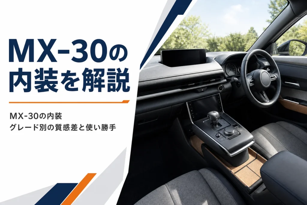 横長ディスプレイとコルク素材が見えるMX-30の内装記事のアイキャッチ