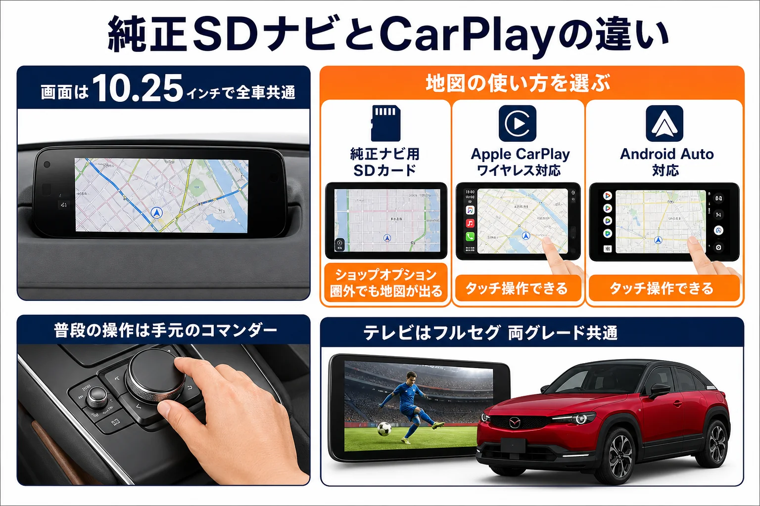 MX-30の純正SDナビとCarPlayの違いをまとめた図解