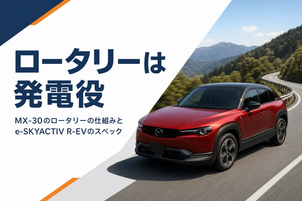 山道を走る赤いコンパクトSUVのMX-30ロータリーの仕組み記事のアイキャッチ
