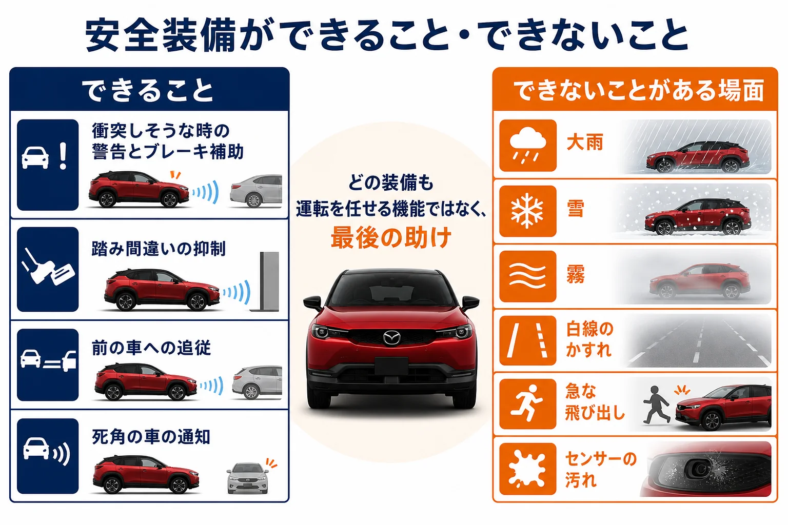 MX-30の安全装備ができることと、天候や道路状況でできないことを並べた図解