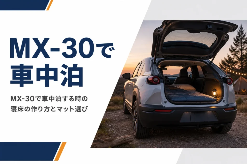 キャンプ場でリアゲートを開けたMX-30の車内にマットを敷いたイメージ