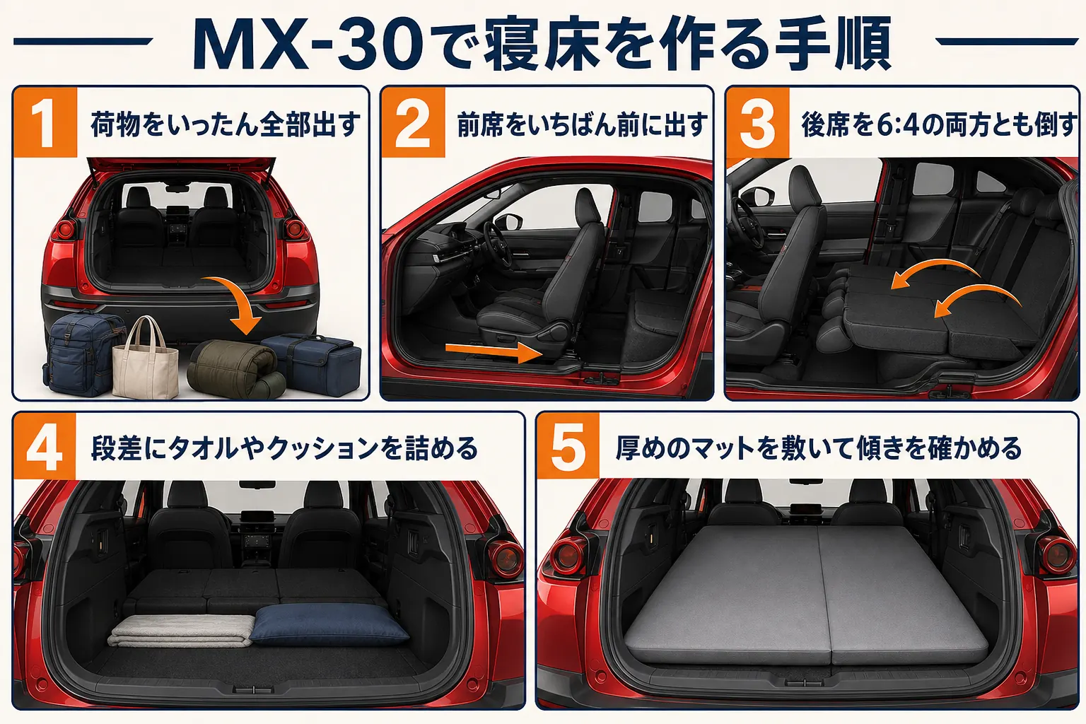 MX-30で後席を倒して寝床を作る手順を並べた図解