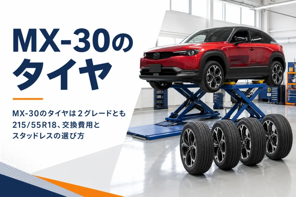 タイヤ交換のためリフトに上がったMX-30と18インチタイヤ