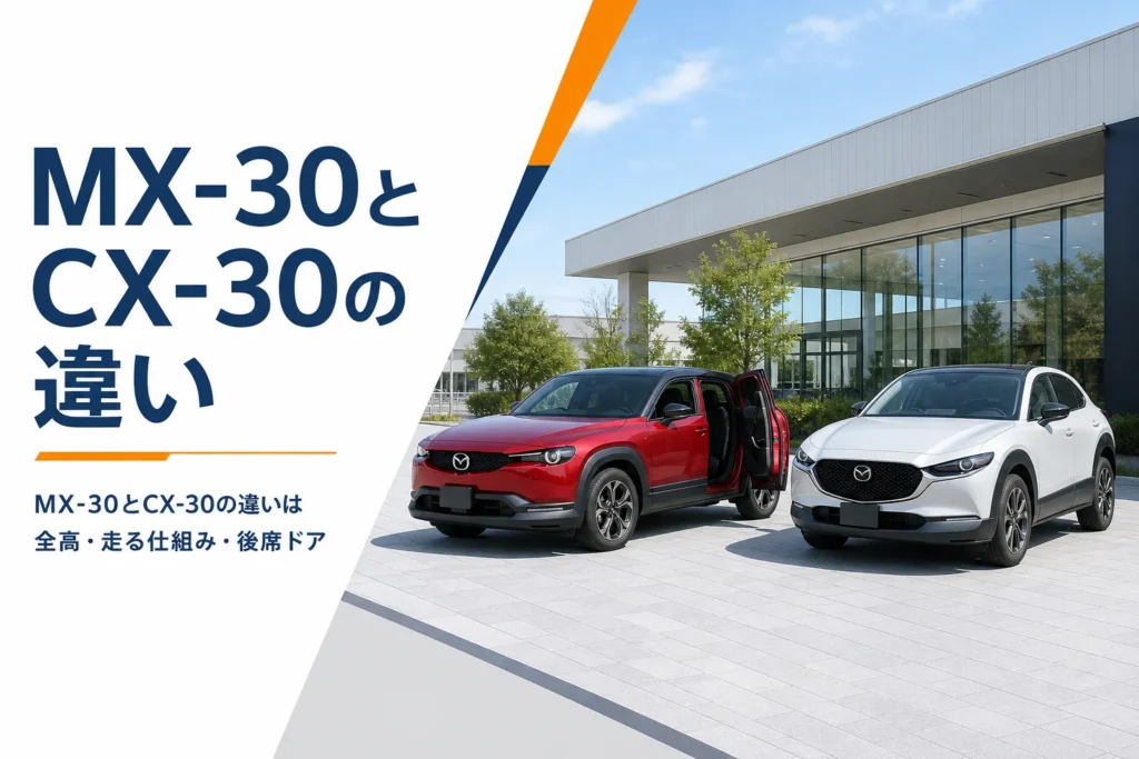 似たサイズのコンパクトSUV2台を並べてMX-30とCX-30の違いを比べるイメージ