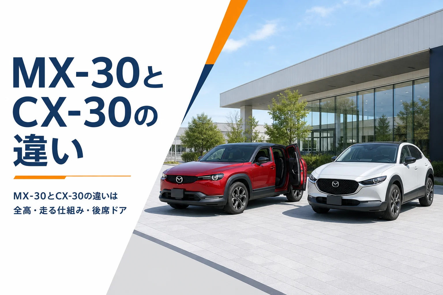 似たサイズのコンパクトSUV2台を並べてMX-30とCX-30の違いを比べるイメージ