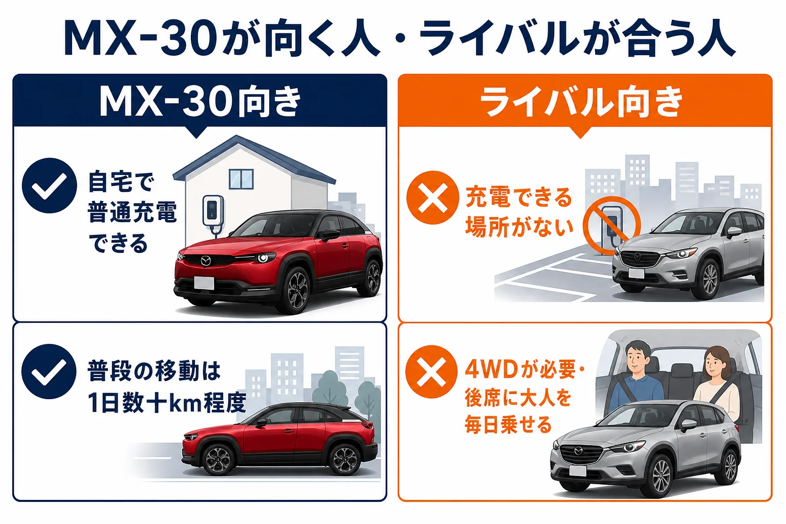 MX-30 ROTARY-EVが向く人とライバル車が合う人の分かれ目の図解