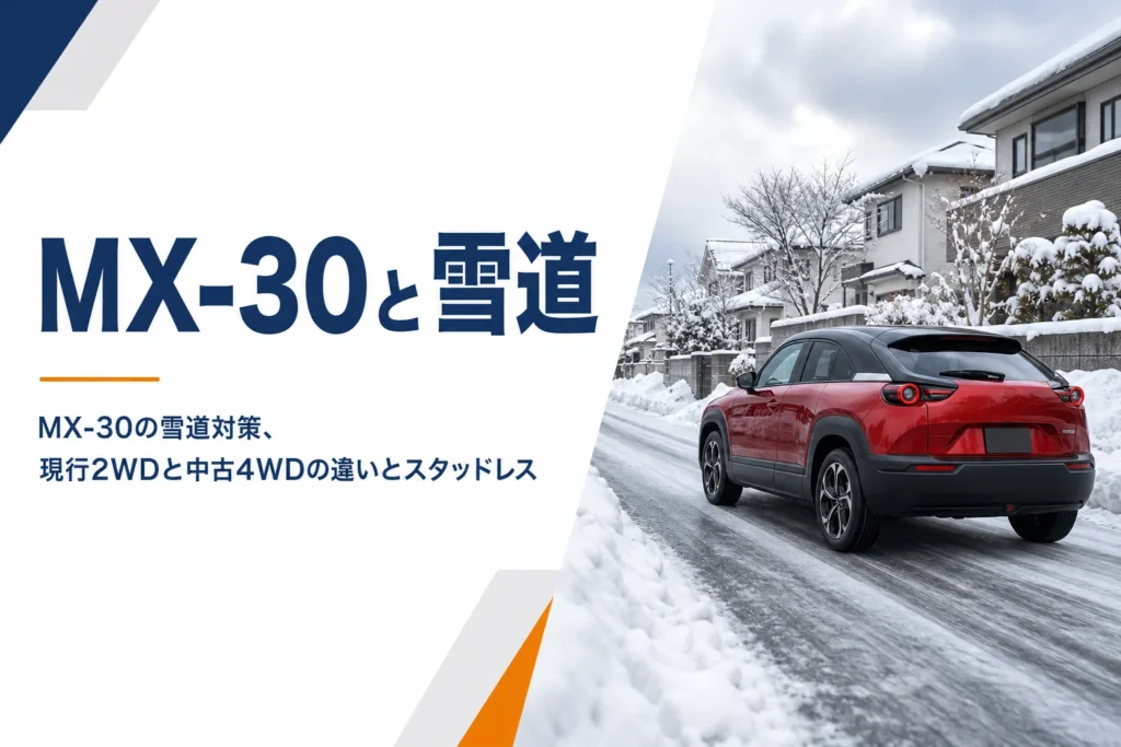 雪の積もった住宅街を走るMX-30のイメージ
