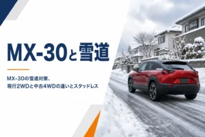 雪の積もった住宅街を走るMX-30のイメージ